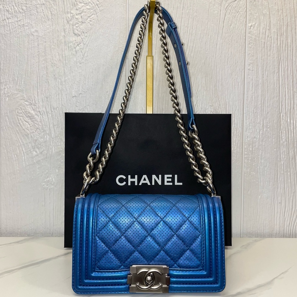 Chanel Boy Bag! Limited Edition Metallic Blue Perforated Leather!